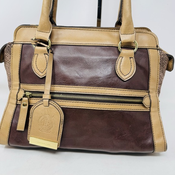 London Fog Two tone Faux Leather Satchel Brown Beige‎ Shoulder Bag - Picture 2 of 16